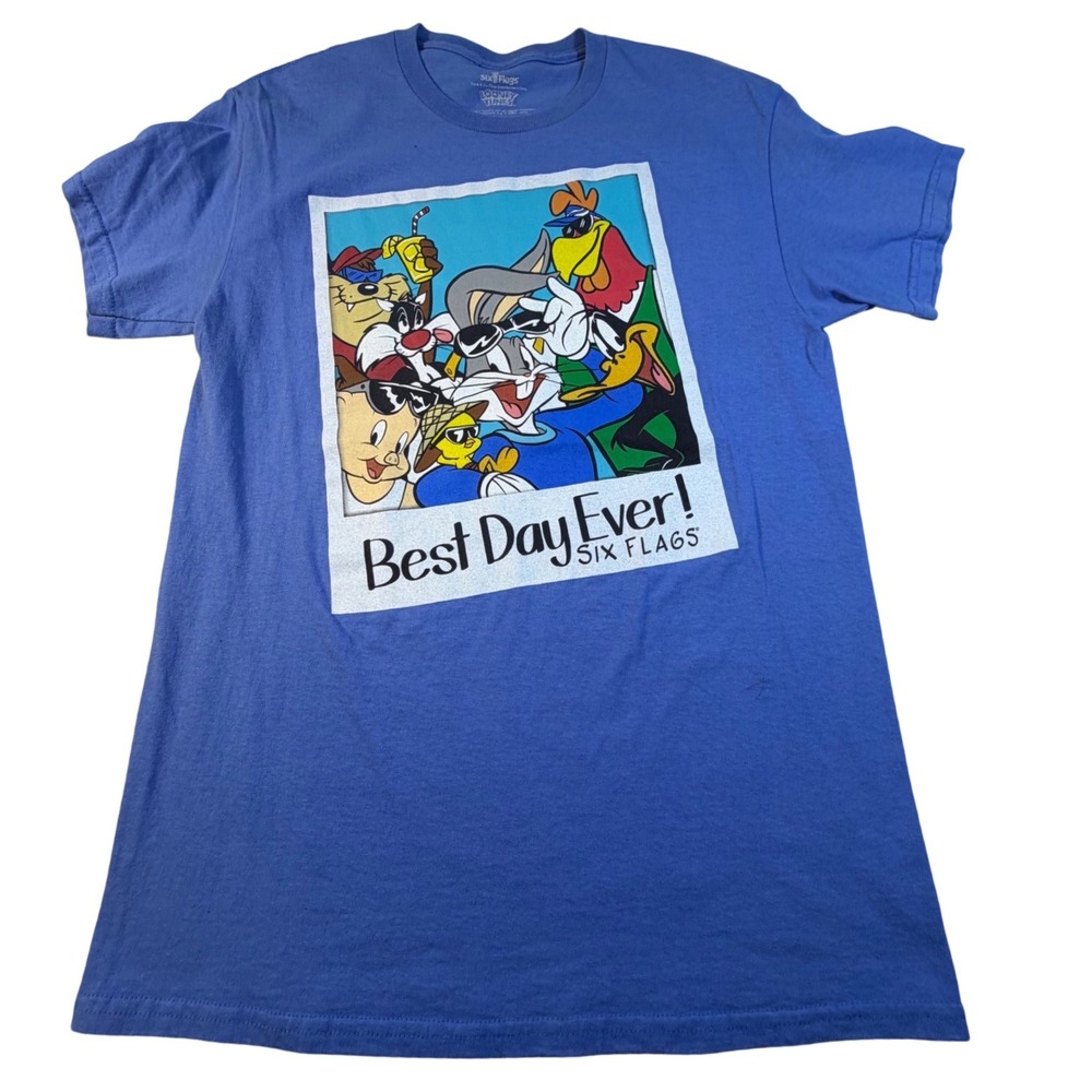 Six Flags Looney Tunes Best Day Ever Blue Graphic T-Shirt Mens Medium
